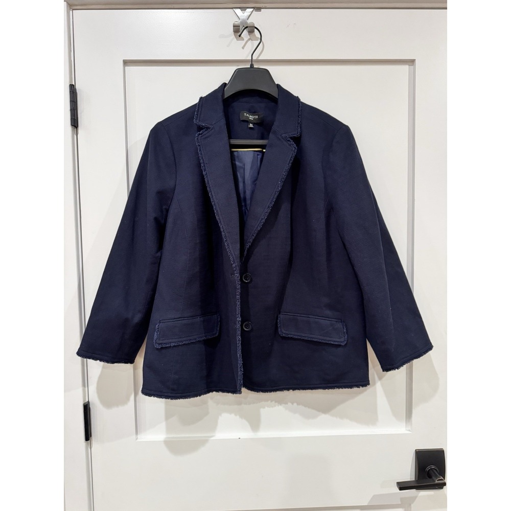 Talbots Navy Stretch Cotton Fringe Trim Textured Jacket Blazer Women's 16W - Picture 4 of 13